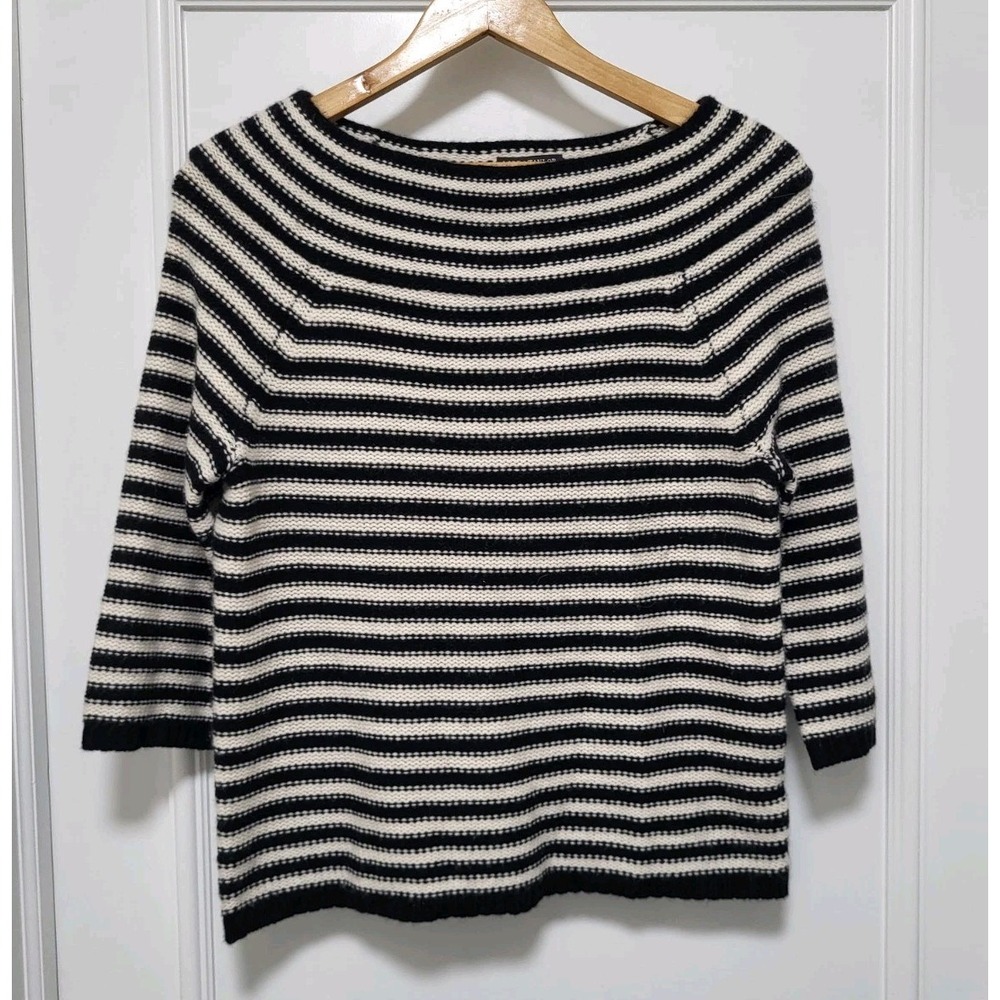 Vtg Lord And Taylor Cashmere Wool Soft Black White Stripe 3/4 Sleeve Sweater M